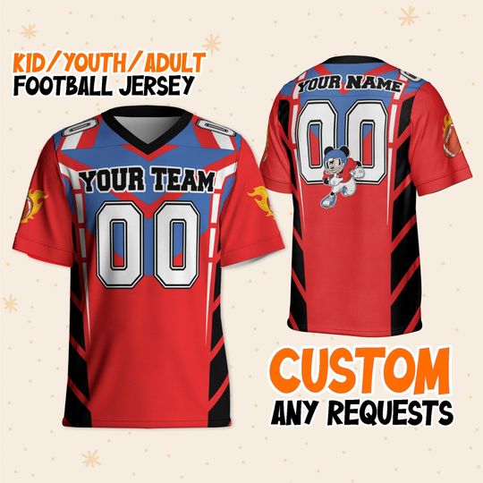 Personalize Mickey Football Jersey Red Blue, Disney Fan Football Jersey, Disneyland & Disney World Trip Family Gift
