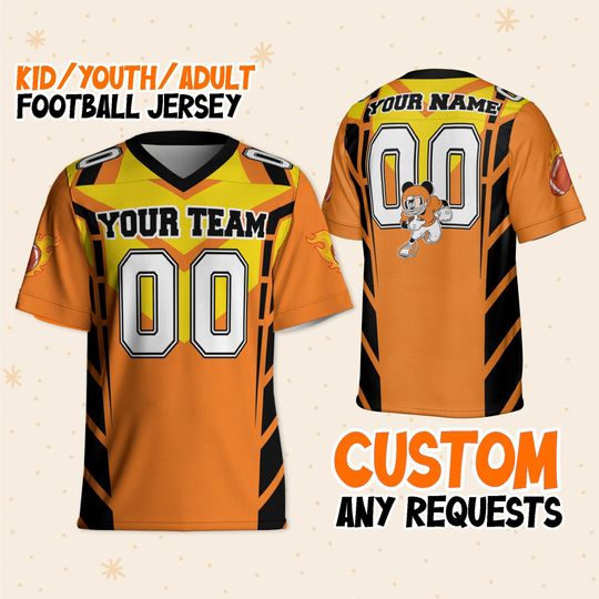 Personalize Mickey Football Jersey Orange Yellow, Disney Fan Football Jersey, Disneyland & Disney World Trip Family Gift
