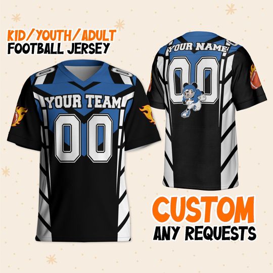 Personalize Mickey Football Jersey Blue White, Disney Fan Football Jersey, Disneyland & Disney World Trip Family Gift