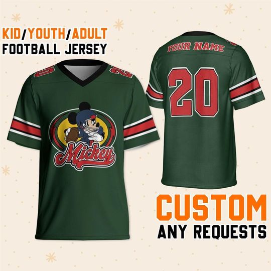 Personalized Disney Mickey Mouse Playing Sport Green, Magic Kingdom Cartoon Characters Football Jersey, Birthday Gift For Kids Adult