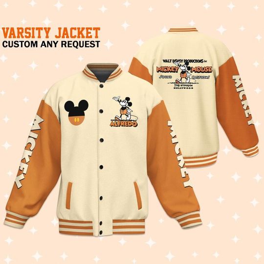 Personalize Jersey Mickey Vintage Orange Color, Varsity Jacket, Personalized Disney Jacket, Baseball Team Outfit, Disney Uniform Varsity