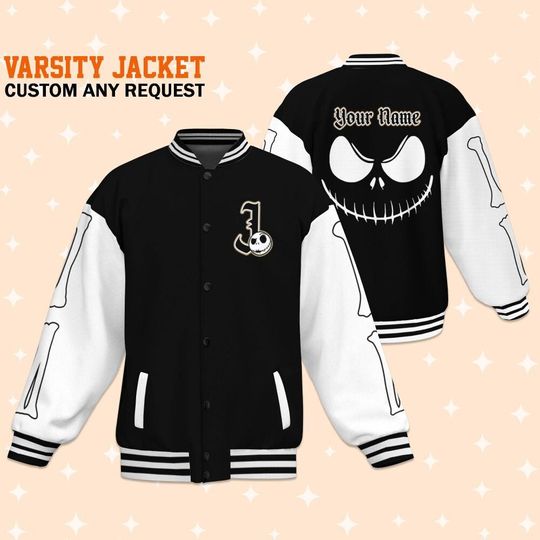 Personalize Disney Jack Skellington Black, Adult Varsity Jacket, Personalized Disney Jacket, Baseball Team Outfit, Disney Uniform Varsity
