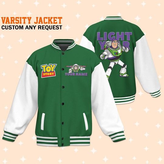 Personalize Toy Story Buzz Lightyear Green Color, Varsity Jacket, Personalized Disney Jacket, Baseball Team Outfit, Disney Uniform Varsity