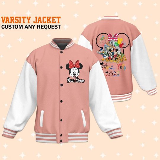 Personalize Disneyland Disney Trip With Minnie Mouse Head, Varsity Jacket, Personalized Disney, Baseball Team Outfit, Disney Uniform Varsity