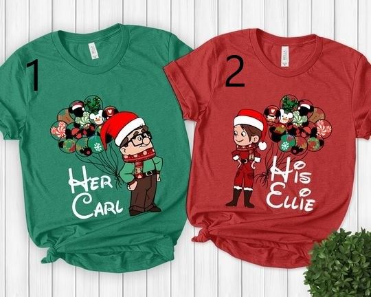 Disney Up Santa Her Carl His Ellie Balloon Mickey Ears shirt, Disney Xmas Couple Shirts, Disneyland Vacation Xmas Party Family Gift