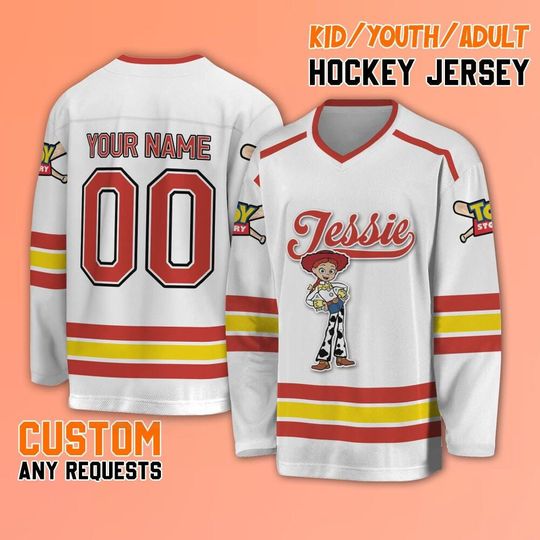Personalize Toy Story Jessie Hockey Jersey, Disney Toy Story Jessie Hockey, Baseball Jersey Team, Custom Hockey Disney Birthday Gift