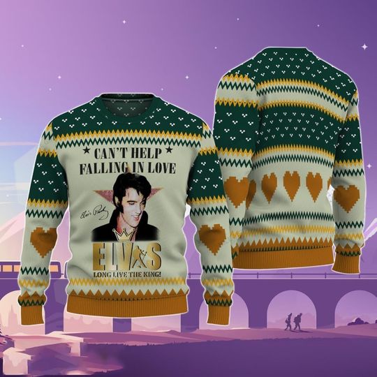Elvis Presley Ugly Sweater, The King Of Rock N Roll Christmas Sweater, Can't Help Falling In Love, Elvis Presley Merch, Gift For Mom