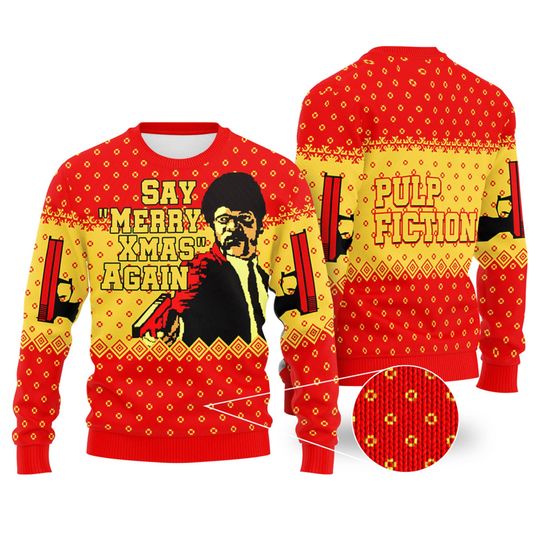 Pulp Fiction Christmas Sweatshirt | Jules Winnfield Say What Again Ugly Sweater | Say Merry Xmas Again Ugly Xmas Sweatshirt