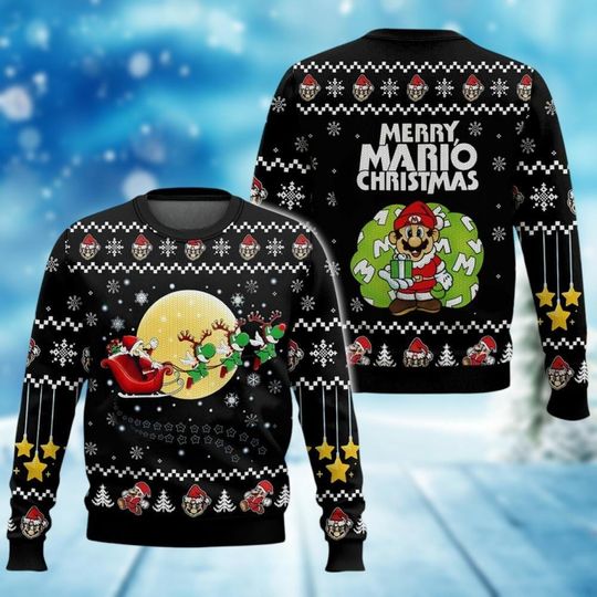 Merry Mario Christmas Ugly Sweater, Super Mario Holiday Sweater, Santa Mario Xmas Sweater, Yoshi Sweatshirt, Video Gaming Shirt