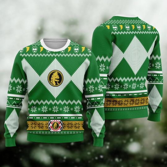 Merry Christmas Unisex Christmas Sweater, Green Power Ranger Ugly Christmas Sweater, Mighty Morphin Sweater Men, Superhero Christmas Shirt