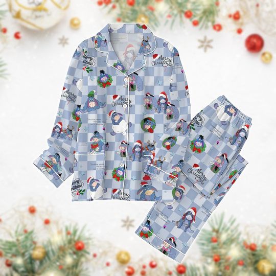 Eeyore Christmas Pajamas Set, Winnie The Pooh Holiday Pajamas, Disney Donkey Sabta Hat Pj Set, Cartoon Movie Xmas Pajamas Family