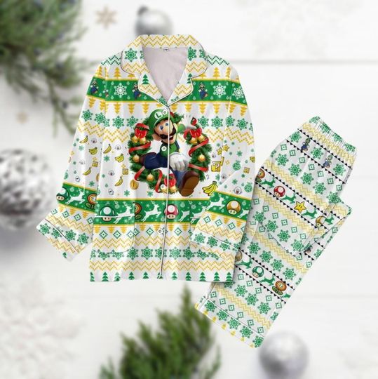 Luigi Super Mario Pajamas Set, Christmas Womens Pajamas Set, Luigi Mario Character Xmas Pj Pants, Game Costume Friend Gift
