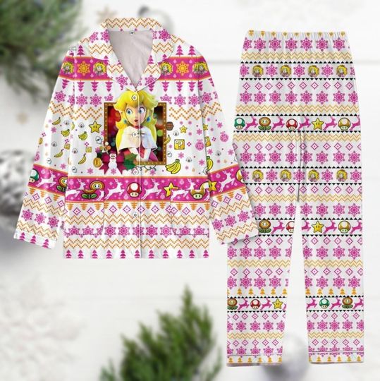 Princess Peach Mario Christmas Pajamas, Pink Princess Womens Pj Set, Super Mario Gaming Holiday Pajamas, Birthday Gift For Her