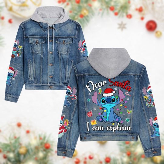 Stitch Christmas Denim Jacket, Sitich Santa Hat Jacket, Disney Cartoon Jean Jacket, Lilo Stitch Denim Jacket, Magic Kingdom Gift