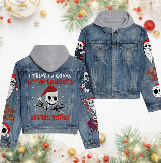 Jack Skellington Santa Hat Denim Jacket, The Nightmare Before Christmas Movie, Horror Characters Jean Jacket, Disney Xmas Denim