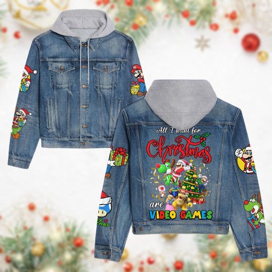 Super Mario Christmas Jacket, Mario Santa Hat Denim Jacket, Disney Video Gaming Denim, Mario Birthday Gift, Magic Kingdom Gift
