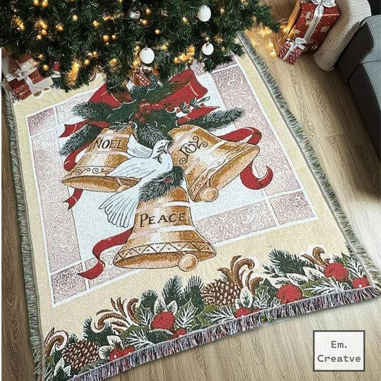 Christmas Throw Blanket, Xmas Season Woven Picnic Blankets, Festive Sofa Throw, Wreath Bells Tapestry, Decorative Gift, Cozy Holiday Decor