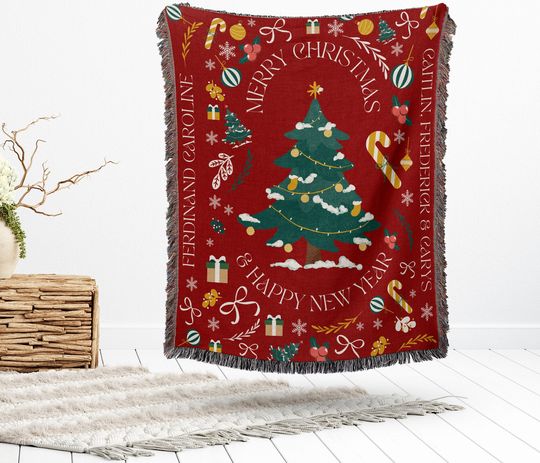 Custom Christmas Blanket Throw Christmas Personalized Family Names Holiday Decor Watching Movie Blanket Christmas Trees