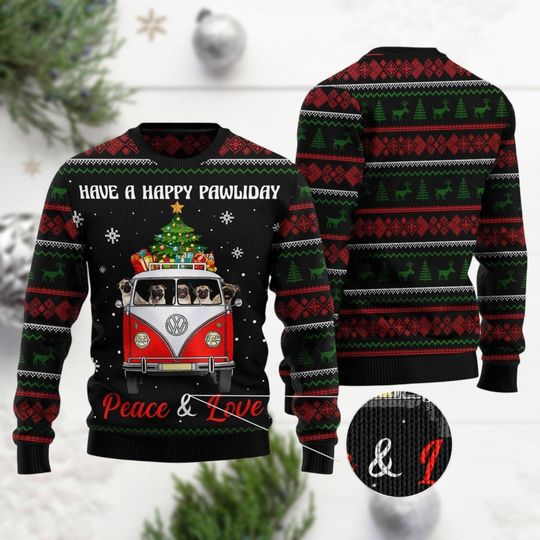Pug Dogs Carrying Christmas Sweater, Pug Dogs On The Red Car Ugly Sweater, Pug Dogs  Happy Pawliday Shirt, Funny Dog Xmas Sweater
