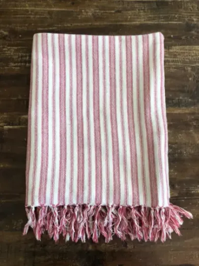 VTG RALPH LAUREN 100% COTTON  WOVEN Red & Ivory Fringed THROW BLANKET 54x72” USA