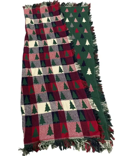 Double Sided Christmas Tree Evergreen Fringe Blanket Throw Green Red 56" X 44.5"