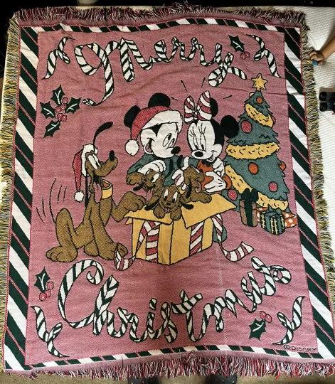 Vintage Disney Mickey Mouse Merry Christmas Blanket Woven Throw Fringe Friends