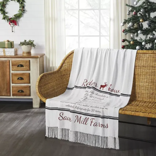 Sawyer Mill Reindeer Chow Woven Throw 60x50 Country 100% Cotton Ivory Red Black