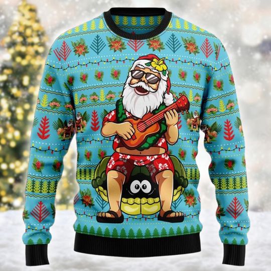 Santa Claus Ugly Christmas Sweater, Santa Claus Guitar Christmas Sweatshirt, Tropical Santa Claus Shirt, Xmas Party Gift For Men Women Kid