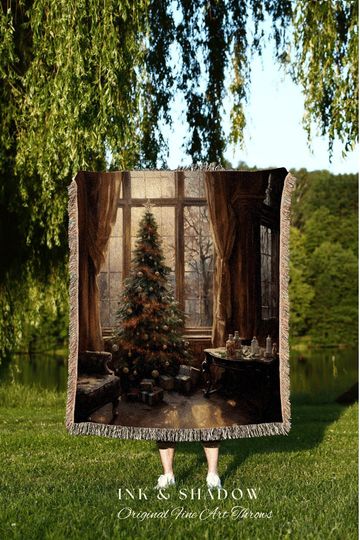Christmas Tree Vintage Blanket | Vintage Christmas Tree Painting Blanket Woven Tapestry Winter Holiday Decor Snowy Landscape Vintage Decor |