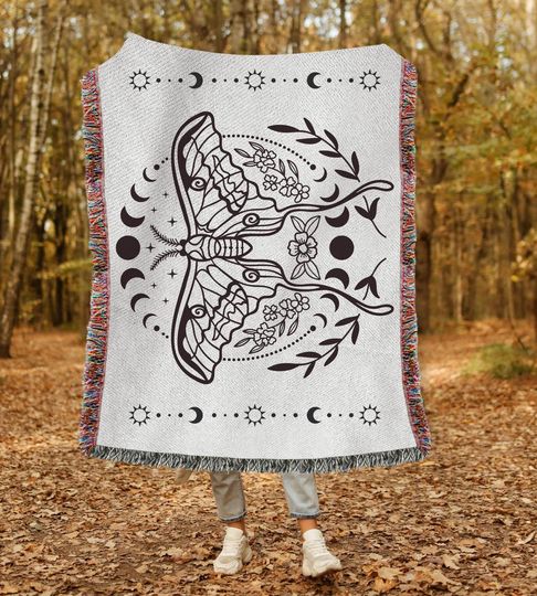 Celestial Luna Moth Woven Blanket Cottagecore Style 52x37 Perfect Christmas & Birthday Gift Nature Lover Moth Blanket Unique Lucky Moth