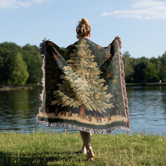 Woven Throw Blanket, Vintage Christmas Tree, Cottagecore Style Tapestry, Picnic Carpet, Sofa Blanket, Outdoor Blanket, Cotton With Fringe