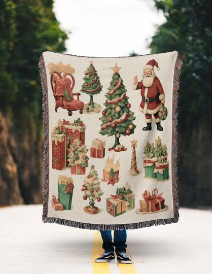 Santa Claus Christmas Trees Gifts Blanket, Woven Cotton Blanket, Wall Tapestry for Christmas, Winter Decor, Gift for Him Her Mom Dad