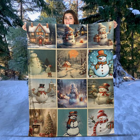 Vintage Snowman Patchwork Christmas Woven Throw Blanket, Christmas Cotton Wall Tapestry, Christmas Tree and Dark Cottagecore Decoration