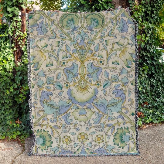 William Morris Woven Blanket|Loden in Autumn Tapestry|Retro Floral Sofa Blanket|Blue Plant Picnic Carpet|Christmas Gift For Best Friend