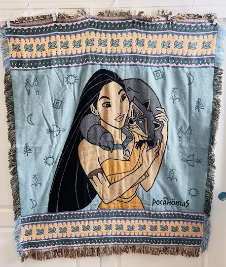 Vintage Disney Pocahontas Woven Throw Blanket Meeko Racoon 50” x 60” 1995 Beacon