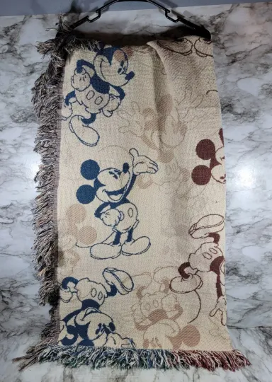 Classic Mickey Mouse Disney Parks Fringed Woven Tapestry Throw Blanket 56"x40"