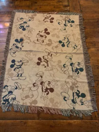 Classic Mickey Mouse Disney Parks Fringed Woven Tapestry Throw Blanket 56"x40"