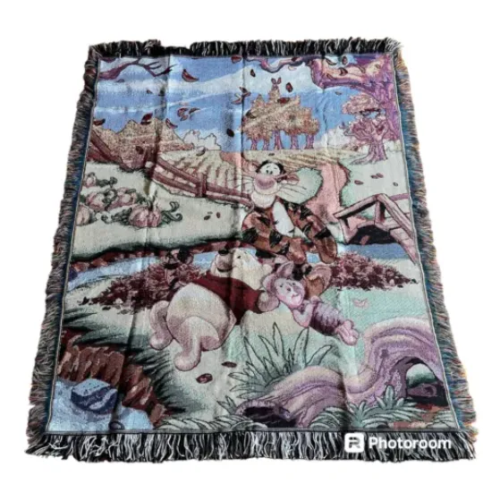 VTG New Winnie The Pooh Tapestry Blanket Tigger Piglet Autumn Fringe Throw