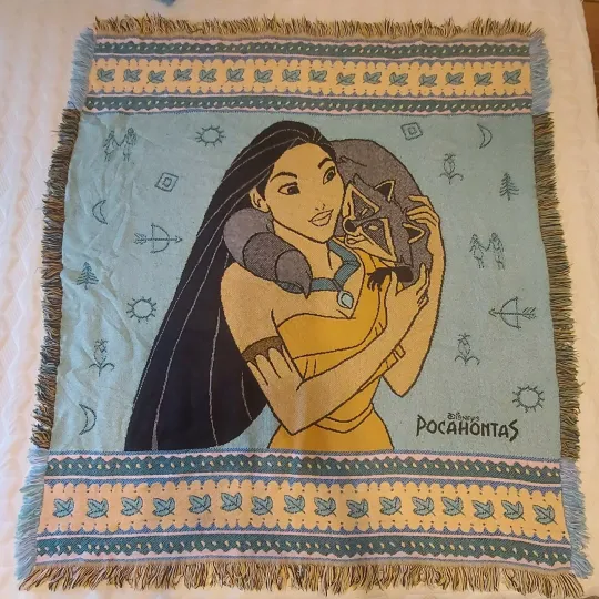 Vintage 90's Disney Pocahontas Throw Blanket 50 x 58 Meeko 1995 Weave Tapestry