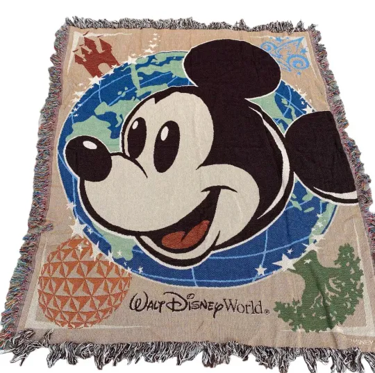 Mickey Mouse Magic Kingdom Epcot Disney Woven Blanket Multi Color Fringe Cotton