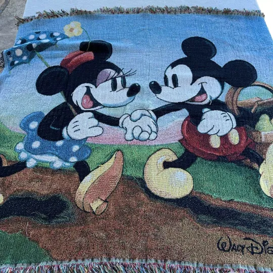 Vintage Disney Mickey's Spring Picnic Tapestry Woven Throw Blanket 60" x 50"