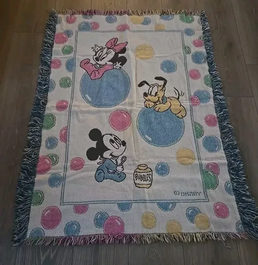 Vintage Disney Babies & Bubbles Fringed Woven Tapestry Baby Trow Blanket 44"x35”