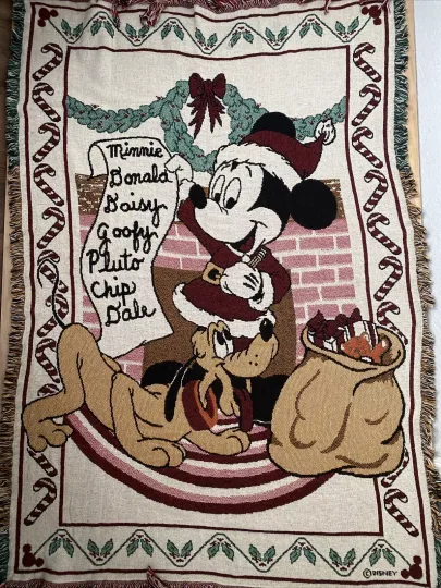 Disney Mickey Mouse Pluto Christmas Santa Woven Throw Blanket Tapestry 46x69”
