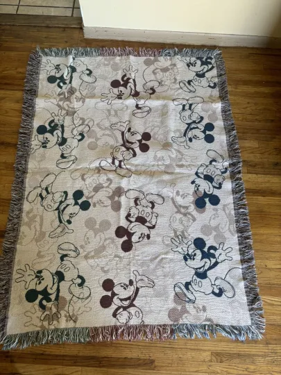 Vintage Classic Mickey Mouse Disney Fringed Woven Tapestry Throw Blanket