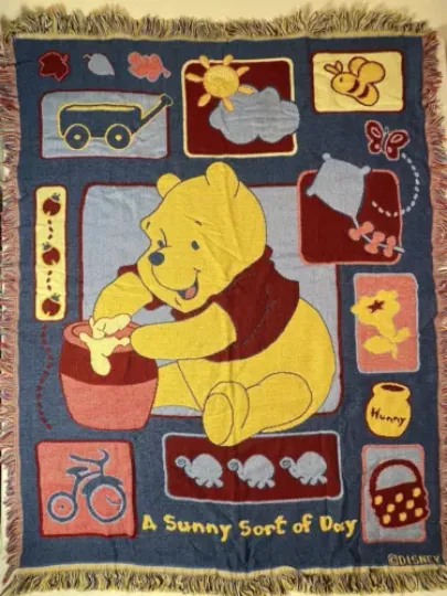 Disney Classic Winnie the Pooh Vintage Fringed Woven Tapestry Blanket Throw