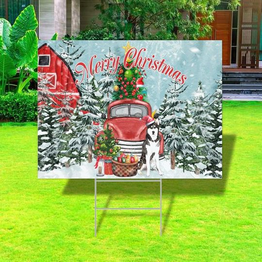 Decorative Merry Christmas Dog Red Truck Yard Sale Signs