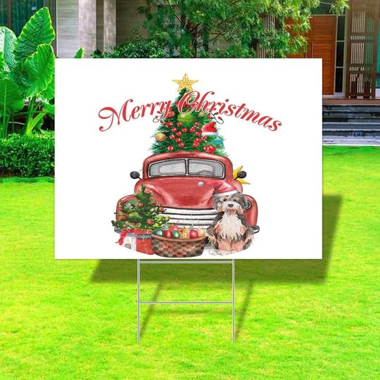 Merry Christmas Dog Red Truck Plastic Signs Merry Christmas Yard Signs