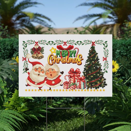 Merry Christmas Yard Sign with Santa & Mrs. Claus - Christmas Tree and Gifts Double-Sided Holiday Yard Decoration with Aluminum Stakes