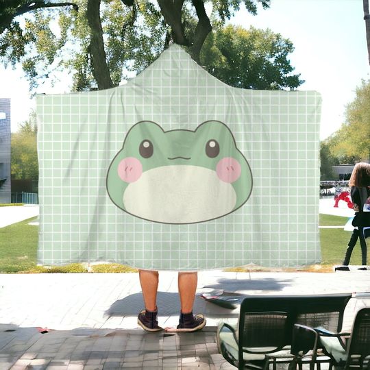 Checkered Hooded Cozy Hoodie Blanket, Tree frog, Frog kawaii, Back to School, Green Rain Frog, Cute frog, Pastel Green Checkered Blanket