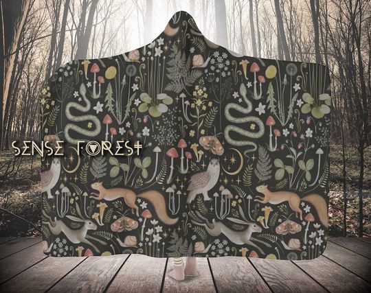 Dark Cottagecore Forest Animal Hooded Blanket, Green witch mushroom Fern festival shamanic cloak blanket, camping cozy sherpa blanket